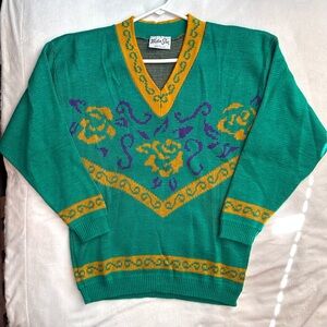 Vintage Helen Sue Floral V-neck Sweater M Teal Yellow Made in USA grannycore